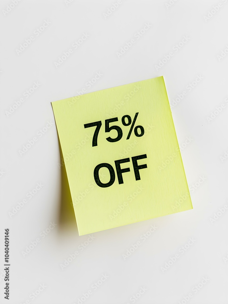 Black '75% OFF' Text on a Light Green Square Paper Note. White Background Black '75% OFF' Text on a Light Green Square Paper Note. White Background