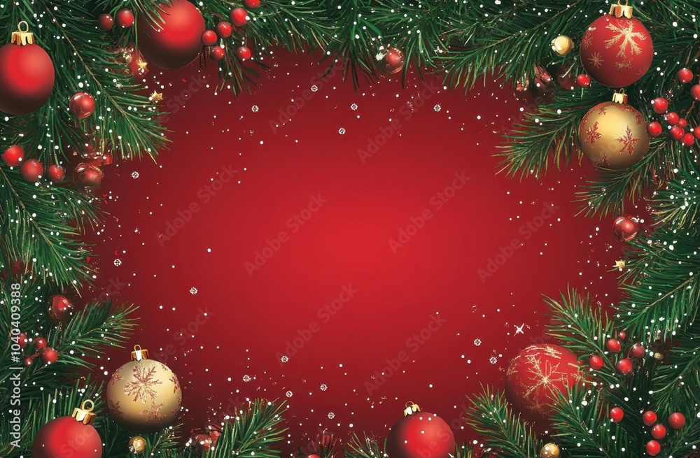 Christmas-themed red background with a frame of Christmas tree branches and ornaments, leaving space for text Generative AI