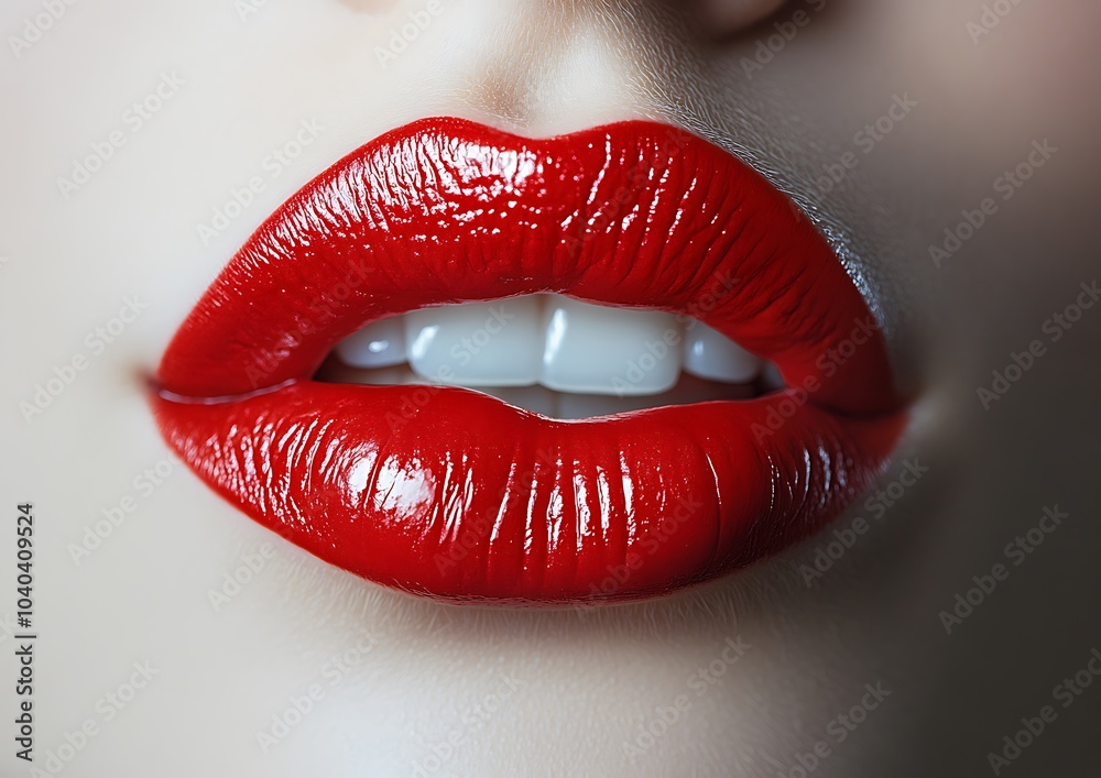 Obraz premium Woman showing white teeth biting her red lips