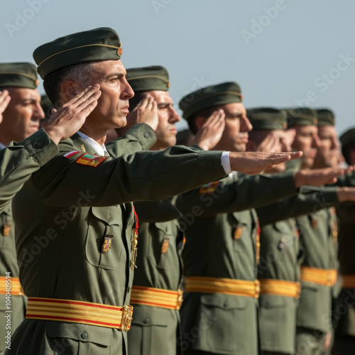 Spaniard soldiers giving salute during ceremony military, glory and honor, dignified military uniform