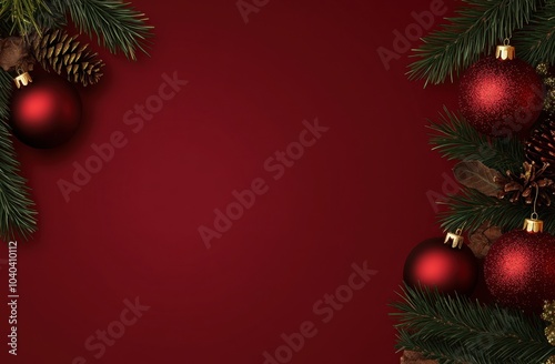 Christmas red background with Christmas decorations and green pine branches on the edges, blank space for text or design, red color, festive decoration, holiday theme Generative AI