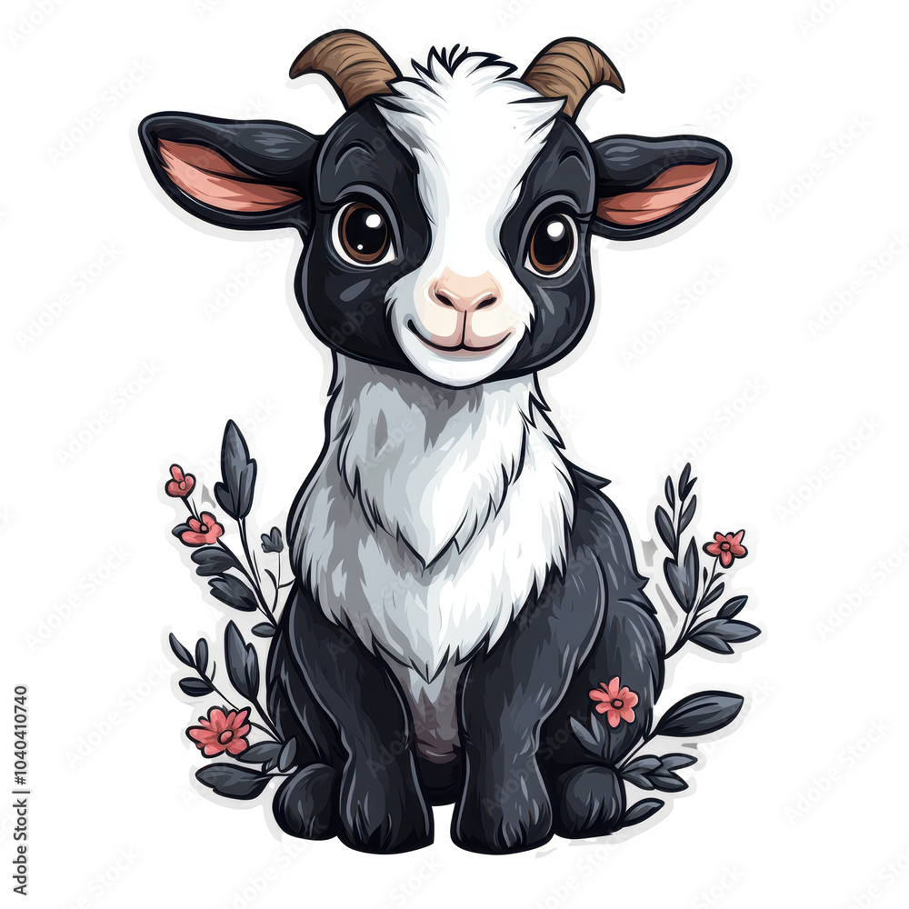 Adorable cartoon goat with black and white fur surrounded by flowers. Adorable cartoon goat with black and white fur surrounded by flowers.