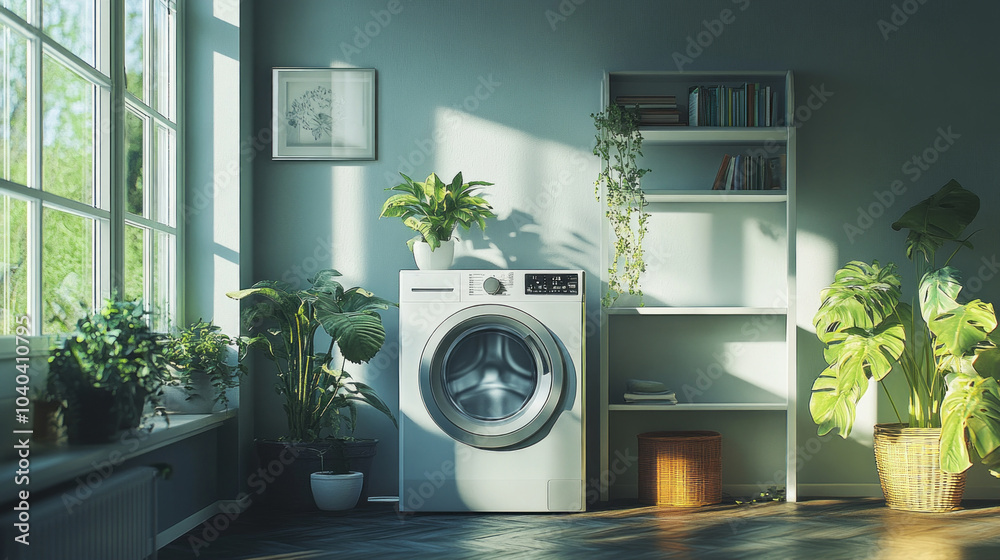 A white washing machine sits in a room with a window and plants