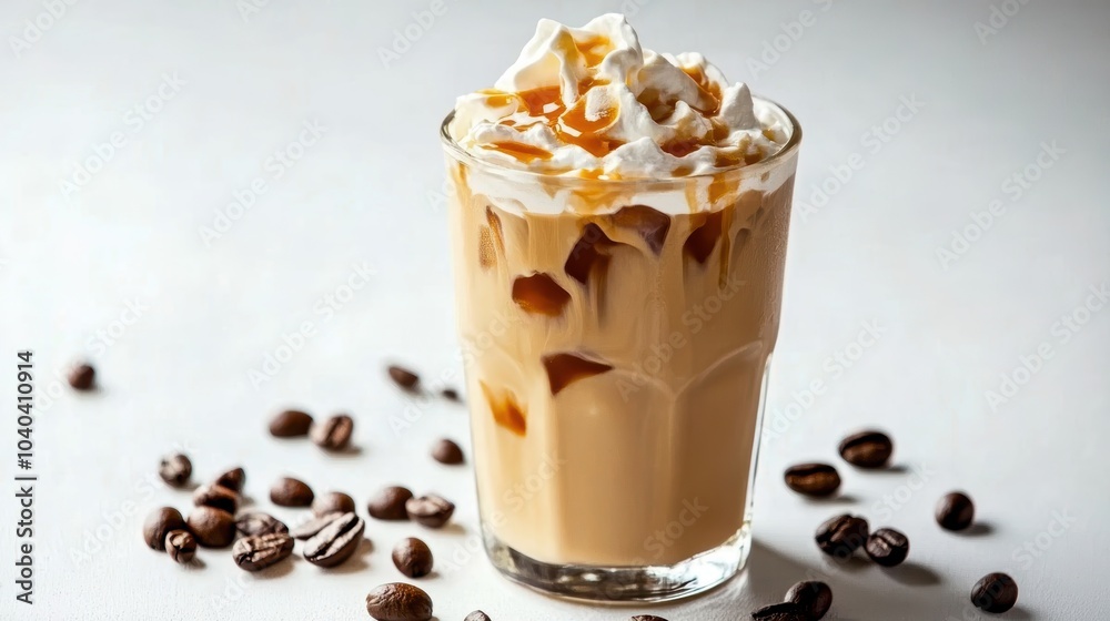 Delicious iced coffee topped with whipped cream and caramel, perfect for refreshment on a warm day. Delicious iced coffee topped with whipped cream and caramel, perfect for refreshment on a warm day.