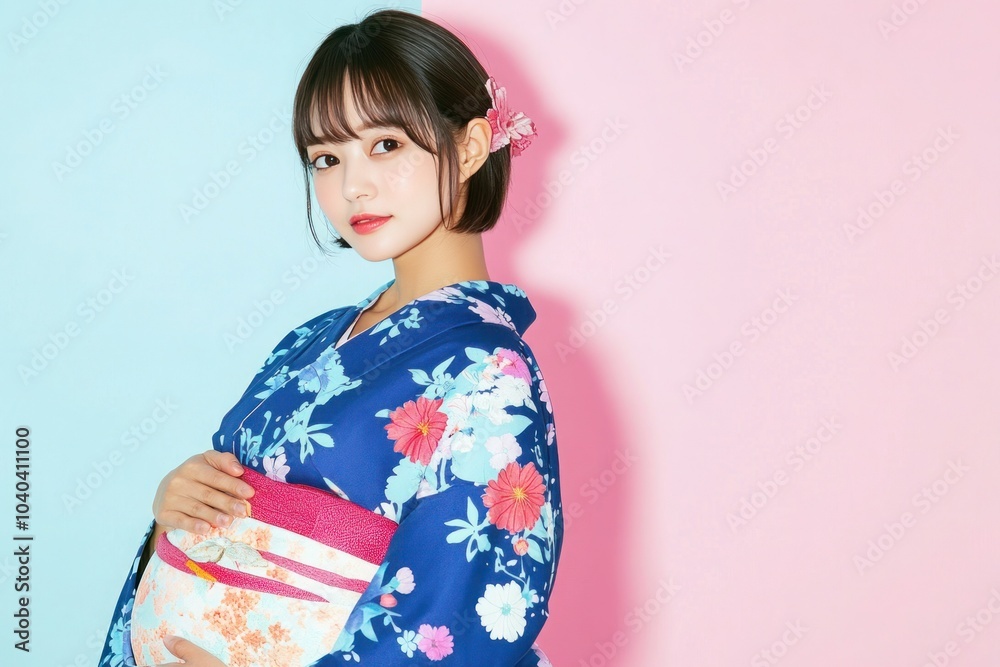 Japanese Woman in Floral Kimono, Holding Belly with Happy Expression Against Pastel Background Japanese Woman in Floral Kimono, Holding Belly with Happy Expression Against Pastel Background