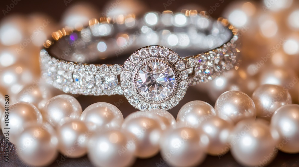 Elegant jewelry bracelet adorned with shimmering diamonds on a bed of luminous pearls.