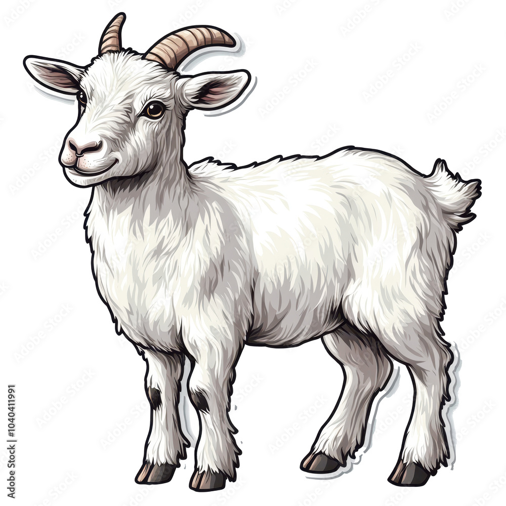 Fototapeta premium Illustration of a white goat with curved horns standing on a clear background.