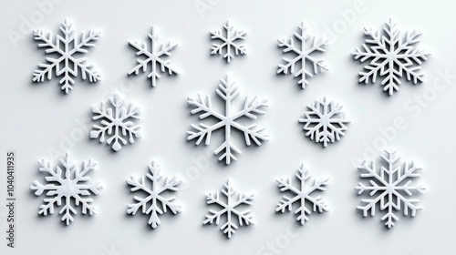 A photostock images of white snowflakes falling gently, isolated on white background, High Quality