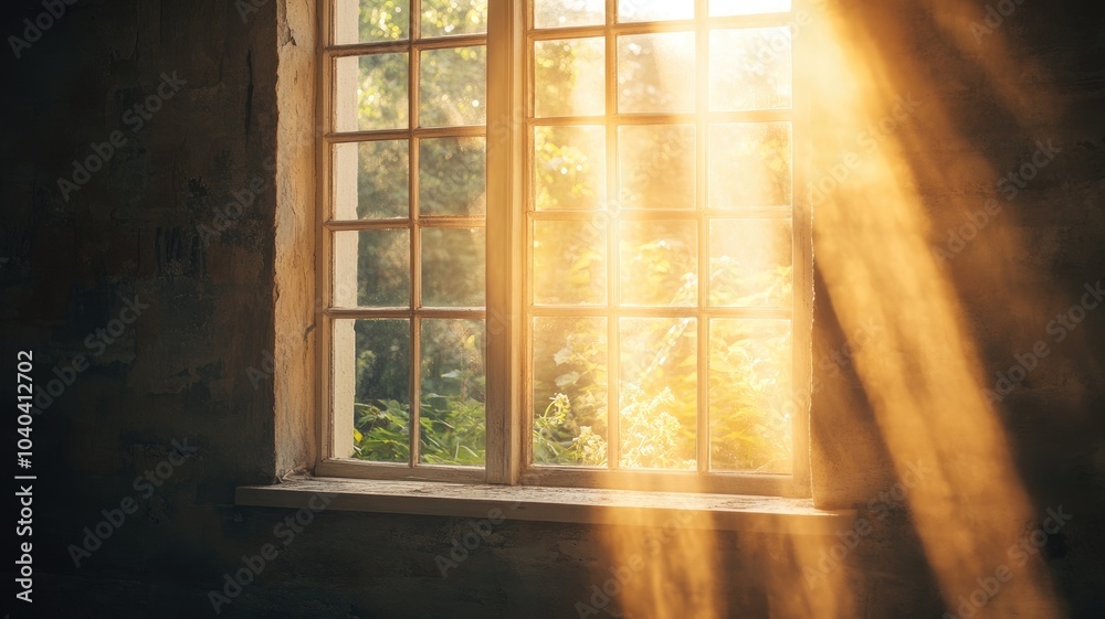 Sunlight streaming through old window, illuminating room with warm, golden light Sunlight streaming through old window, illuminating room with warm, golden light