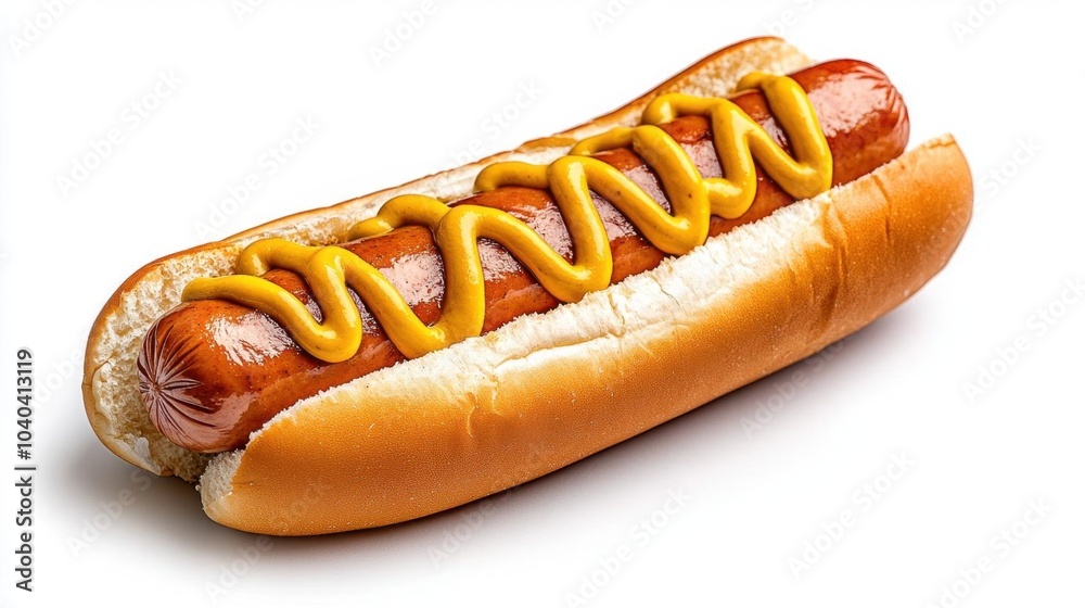 A photostock images of a hot dog topped with mustard on a clean white background, isolated on white background, High Quality A photostock images of a hot dog topped with mustard on a clean white background, isolated on white background, High Quality