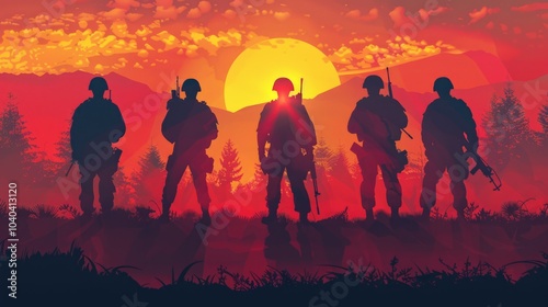Silhouettes of soldiers on a background of India flag and the sunset or the sunrise. Greeting card for Independence day, Republic Day. India celebration
