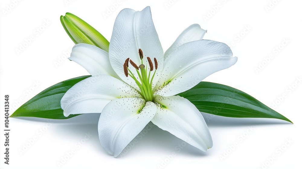 Naklejka premium A photostock images of a blooming white lily flower on a clean white background, isolated on white background, High Quality