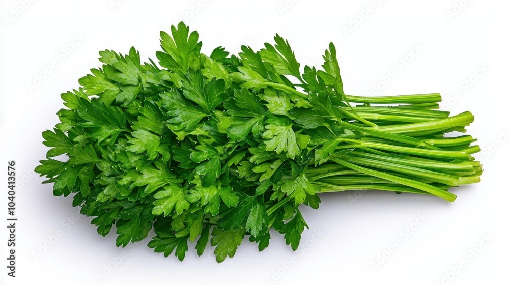 A photostock images of a pile of green parsley leaves on a clean white background, isolated on white background, High Quality A photostock images of a pile of green parsley leaves on a clean white background, isolated on white background, High Quality