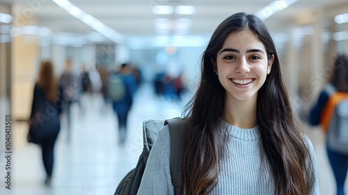 A cheerful foreign student holding a backpack in a university hallway, with a blurred background of students and a subtle warning sign, conveying the importance of staying alert on campus..