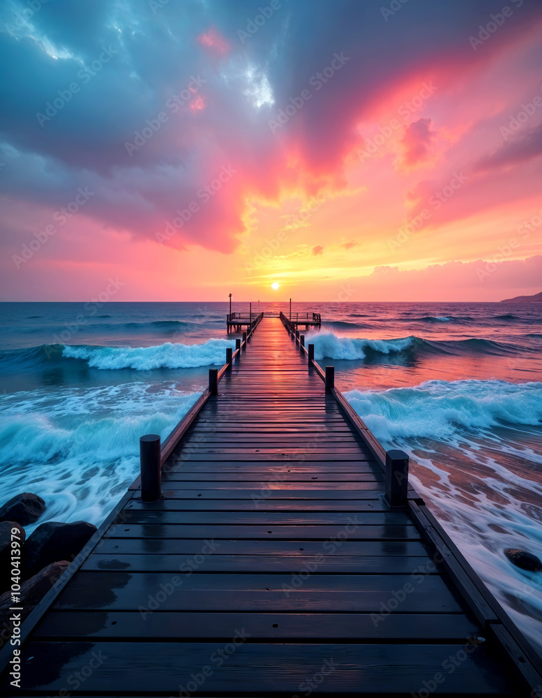 Naklejka premium A wooden dock or pier extending into a body of water, with dramatic colorful clouds and a vibrant sunset in the background. The waves are crashing against the rocks and the pier, creating a serene and