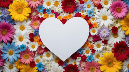 White paper heart shape on colorful flowers