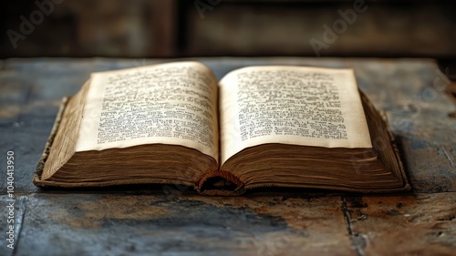 Aging open book resting on rustic wooden surface