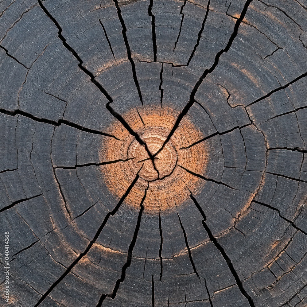 Obraz premium Nature's History: Saw Cut Texture of Annual Rings and Cracks on Old Tree Stump
