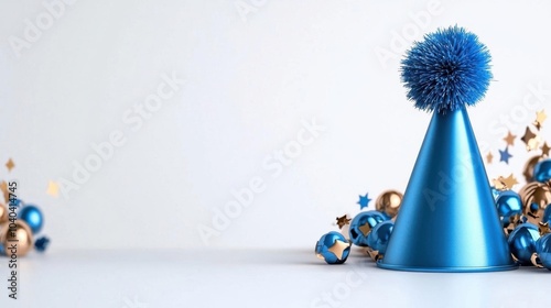 A photostock images of a blue party hat with pom pom on a clean white background, isolated on white background, High Quality