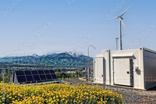 Renewable Energy Oasis. A sustainable energy setup with solar panels, wind turbines, and a storage unit, nestled among vibrant yellow flowers against a mountainous backdrop.