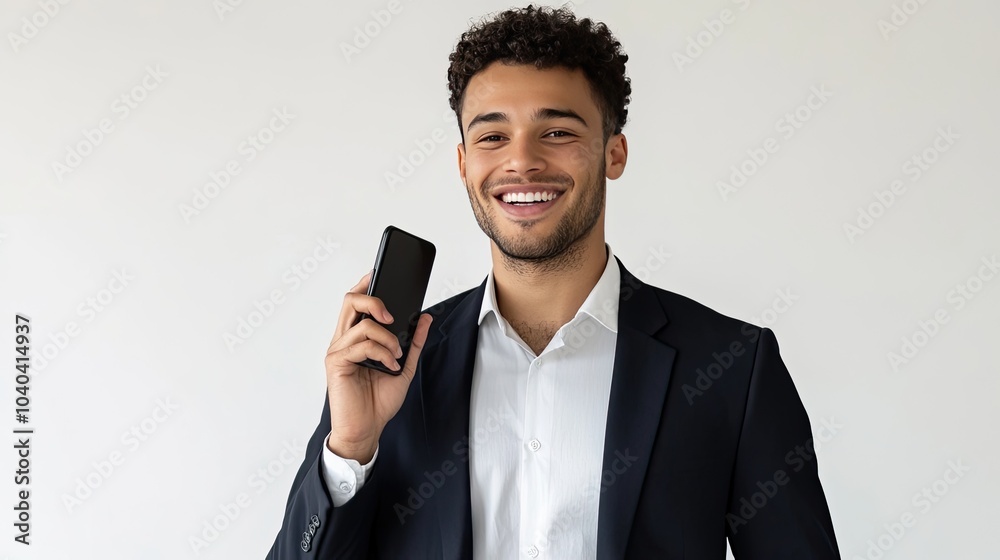 Businessman smiling while speaking on the phone, standing against a white background. A subtle warning icon emphasizes the need for caution in business conversations. Businessman smiling while speaking on the phone, standing against a white background. A subtle warning icon emphasizes the need for caution in business conversations.