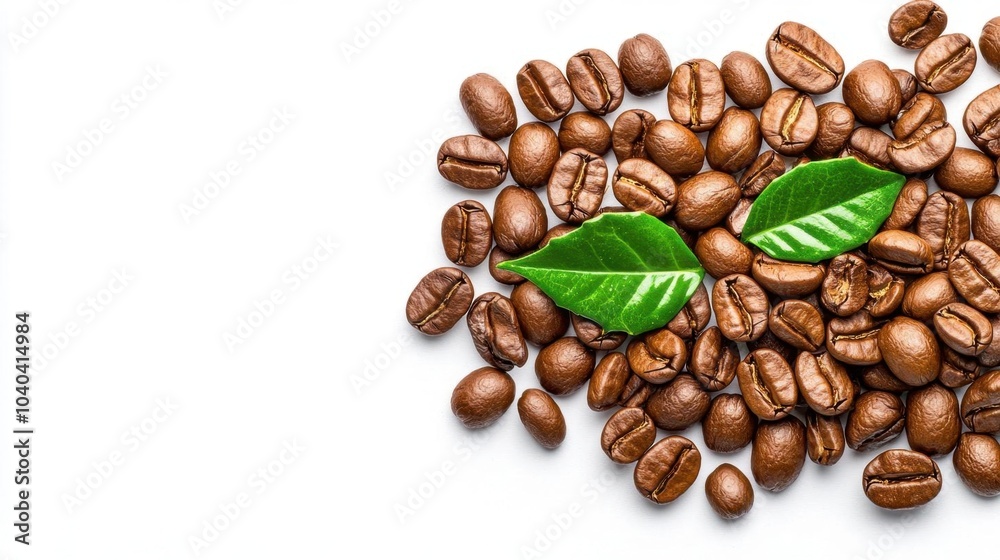 Naklejka premium A photostock images of coffee beans scattered on a clean white background, isolated on white background, High Quality