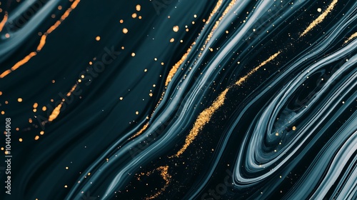 Abstract swirling blue and black liquid with gold glitter.