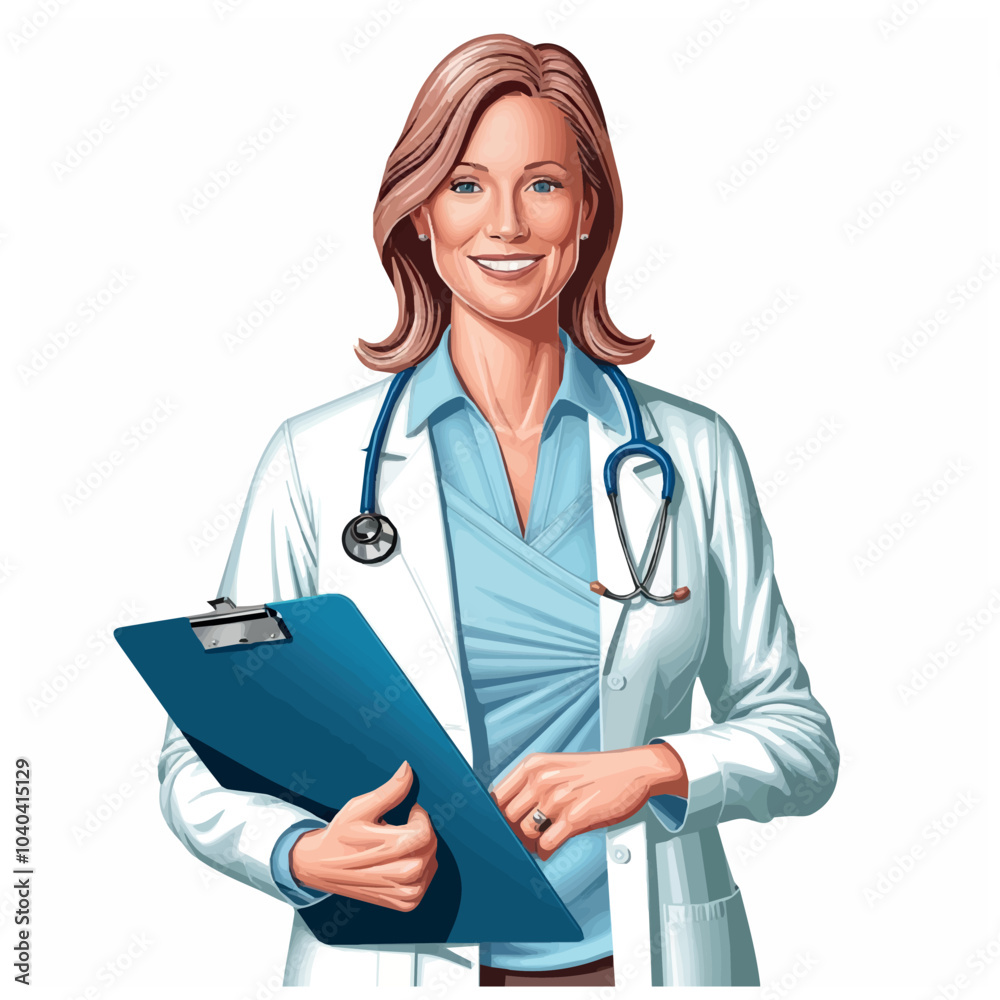 Cheerful Female Doctor Holding a Clipboard in Flat Design Cheerful Female Doctor Holding a Clipboard in Flat Design