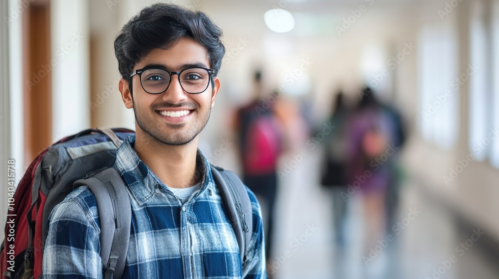 Cheerful Indian male student with a backpack, standing in a university corridor, with blurred figures of students in the background, creating a vibrant and diverse academic scene. Cheerful Indian male student with a backpack, standing in a university corridor, with blurred figures of students in the background, creating a vibrant and diverse academic scene.