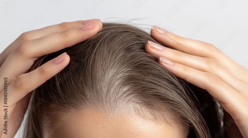 Close-up of a woman hands gently parting her hair, revealing thinning and sparse areas on the top of her head, against a clean white background, highlighting the issue of hair loss. Close-up of a woman hands gently parting her hair, revealing thinning and sparse areas on the top of her head, against a clean white background, highlighting the issue of hair loss.