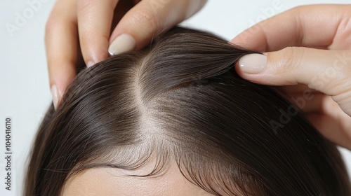 Close-up of hands parting the hair on a woman scalp, uncovering areas of hair thinning and reduced density on the top of her head, shown against a white background.