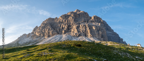 Tre cime di lavaredo view at sunset in summer, Italy photo