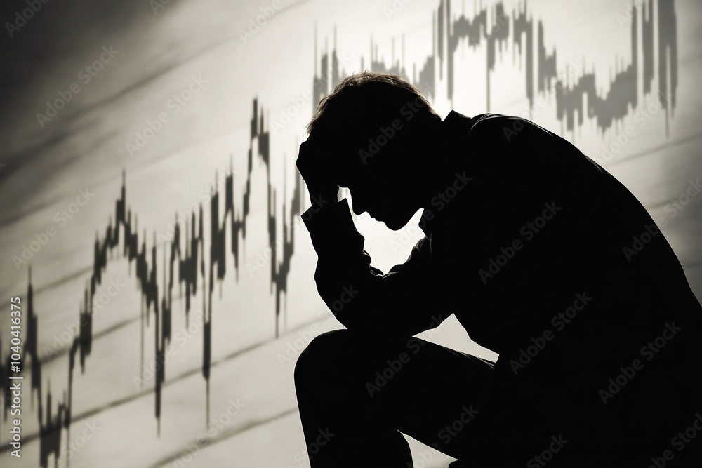 A poignant image of a man, an investor or broker, looking downcast in the aftermath of a financial crash. The background features declining data charts