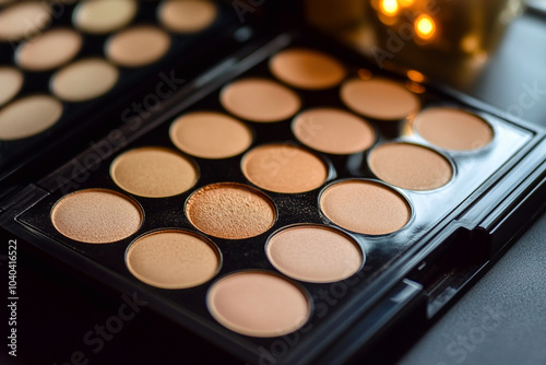 A close-up shot of a cosmetics palette showcasing a range of vibrant shadows. The interplay of light and shadow highlights the rich textures and colors, making the palette visually appealing photo