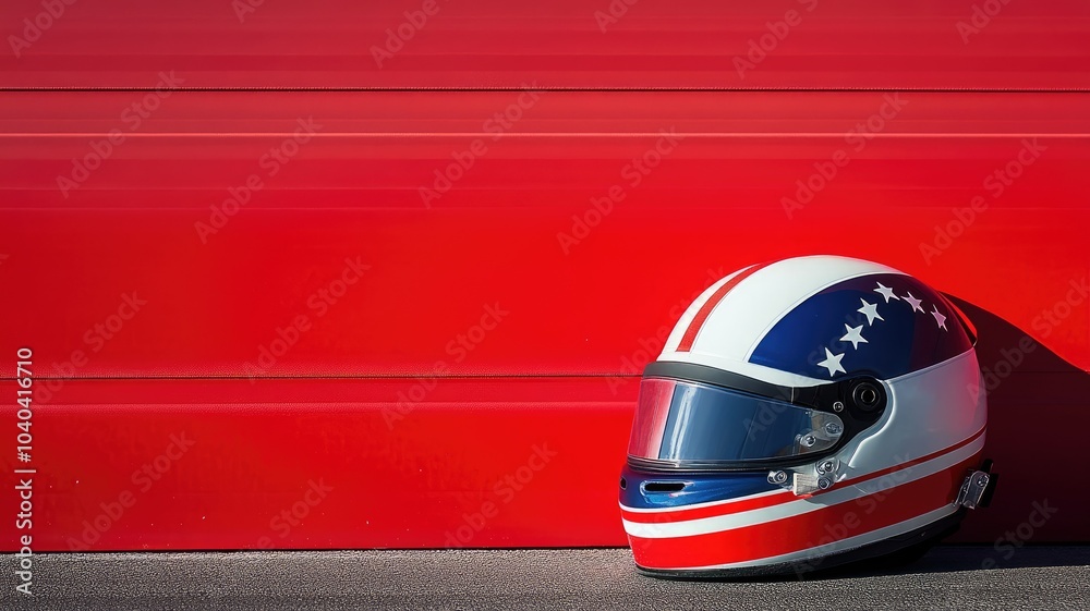 Fototapeta premium Racing helmet with flag design against red background
