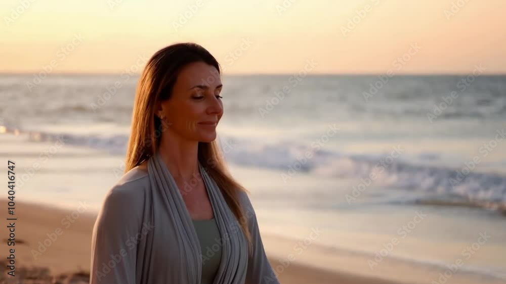Yoga instructor meditating on beach mat at sunset Yoga instructor meditating on beach mat at sunset