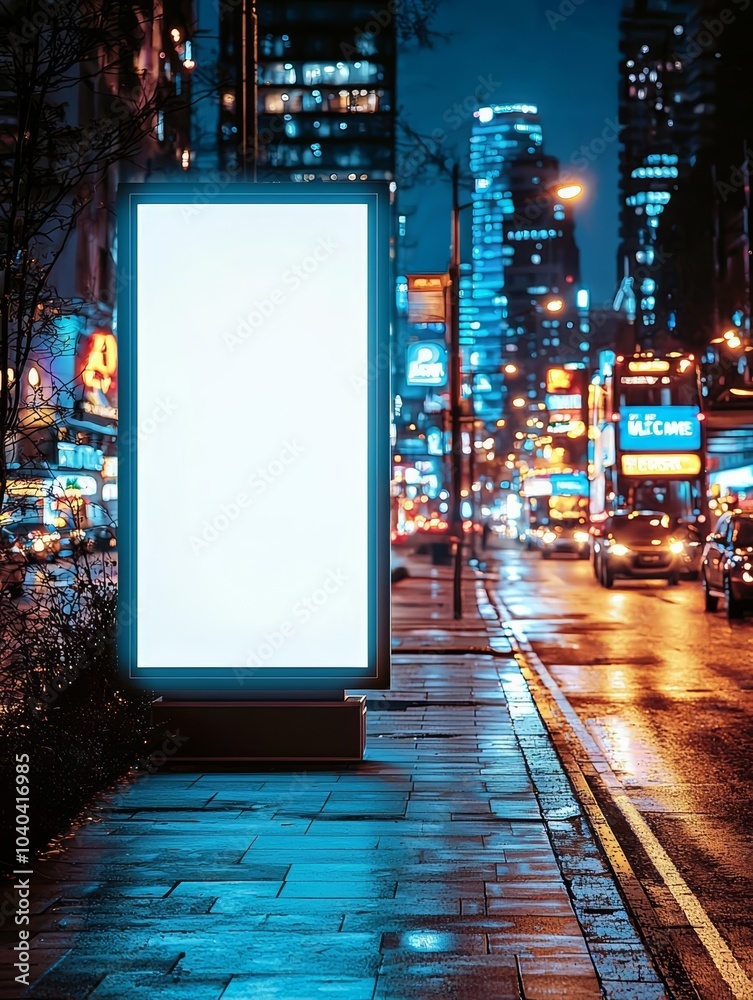 hyper realistic photo of  Blank advertising City Format billboard on sidewalk, evening traffic on street, urban marketing mockup, vehicles passing by, pedestrian path