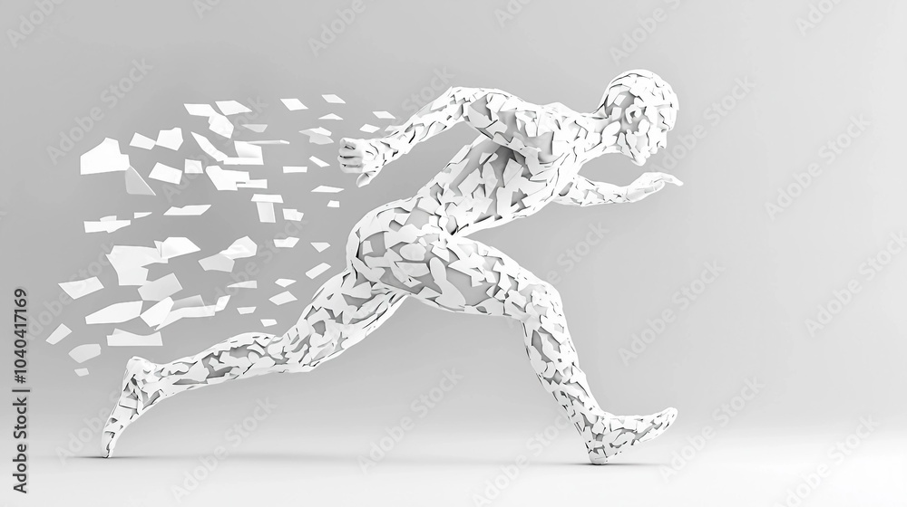 Dynamic Abstract Sculpture of a Running Figure in White Expressing Kinetic Energy and Motion Dynamic Abstract Sculpture of a Running Figure in White Expressing Kinetic Energy and Motion
