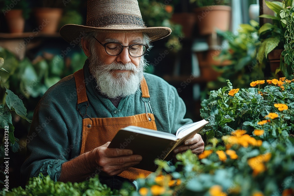 Elderly Gardener Reading Amidst Vibrant Flowering Plants Indoors Elderly Gardener Reading Amidst Vibrant Flowering Plants Indoors