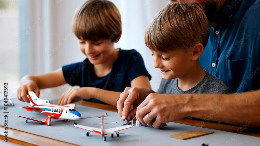 Father and sons building model airplane together at home Father and sons building model airplane together at home