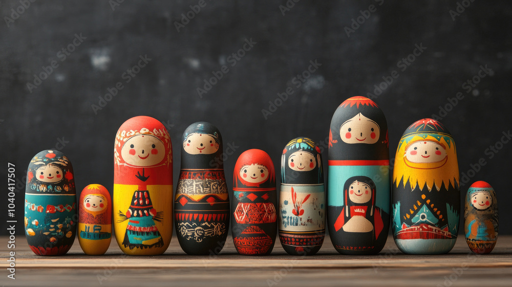 Matryoshka dolls arranged in row, showcasing colorful, traditional designs with various sizes, on wooden surface Matryoshka dolls arranged in row, showcasing colorful, traditional designs with various sizes, on wooden surface