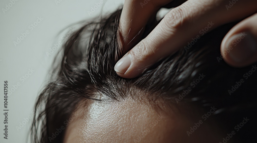 Fototapeta premium Detailed shot of a man hand gently moving through a woman hair, exposing balding and thinning areas on her scalp, set against a white background, representing hair loss. -