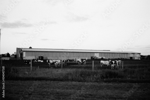 cowshed in Nove Kopisty in Czechia on 5. August 2024 on black and white film - blurriness and noise of scanned 35mm film were intentionally left in image photo