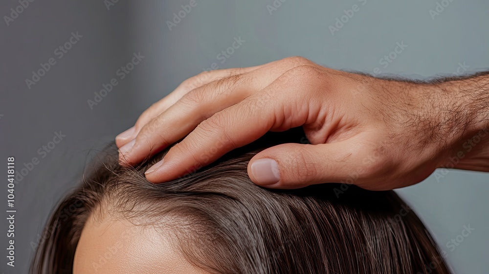 Naklejka premium Hair Loss Concept - Man's Hand Touching Woman's Hair.