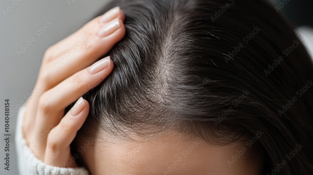 Obraz premium Hair Loss Concept - Woman's Hands Touching Her Hair.