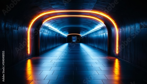 hyper realistic photo of  dark underground passage with escolator and neon light advertising light box mocap tunnel with light beams ai  , copy space for text,