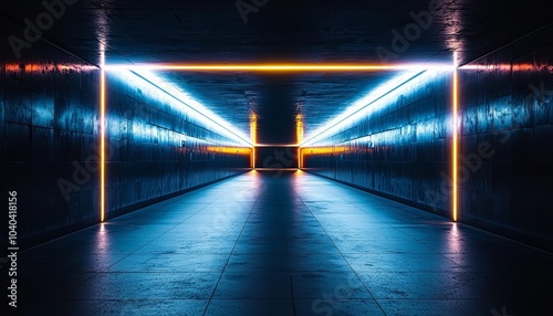 hyper realistic photo of  dark underground passage with escolator and neon light advertising light box mocap tunnel with light beams ai  , copy space for text,