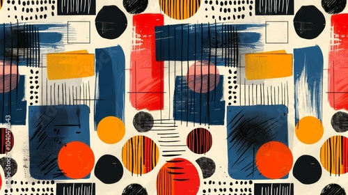 A colorful geometric pattern with Swiss influences, showcasing bold rectangles, squares, and circles
