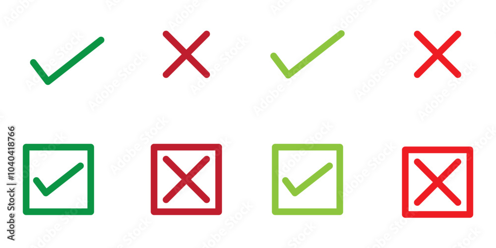 Check marks cross and right symbol on a white background, checkmark icon set, check mark tick sign and cross sign, flat symbol of test questions. Check marks cross and right symbol on a white background, checkmark icon set, check mark tick sign and cross sign, flat symbol of test questions.
