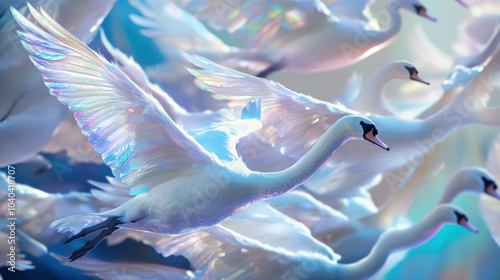 Fototapeta Naklejka Na Ścianę i Meble -  A single swan with iridescent wings flying amongst a flock of white swans